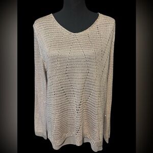 SIONI STUDIO SEQUIN BEIGE OPEN KNIT CROCHET OVERLAY BACK ZIP SWEATER SZ L